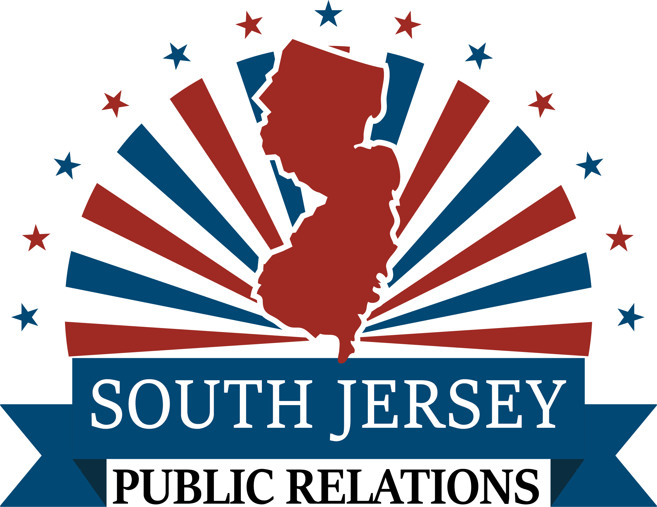 Image of th estate of New Jersey with thirteen stars and rays with the words South Jersey Public Relations